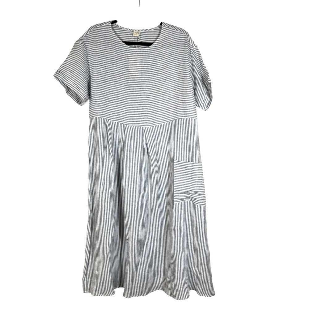 Lintico Striped Midi Dress Women’s Large Blue White 100% Linen Pocket Lagenlook